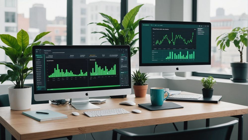 Современный офис с двумя мониторами Apple, показывающими графики данных. На столах растения и кружка.