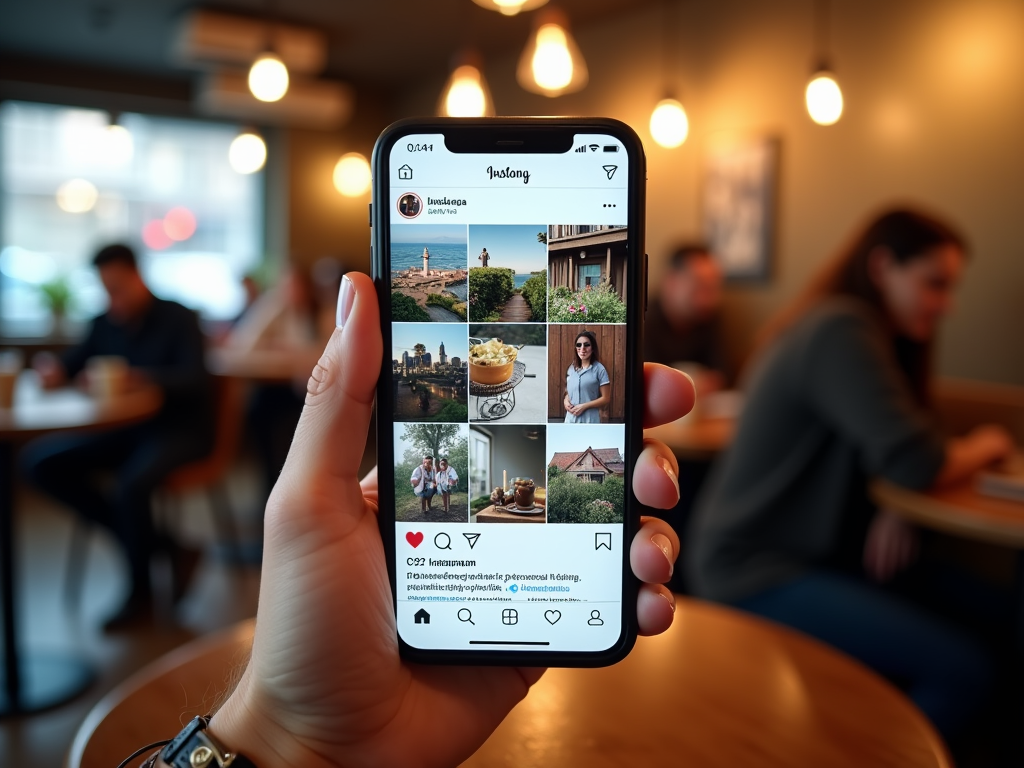 Hand holding a smartphone displaying Instagram feed with various photos, inside a cozy café.