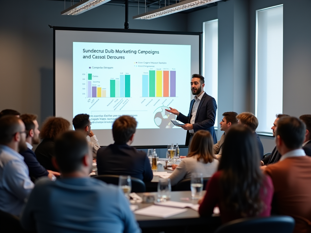 Man presenting marketing data on a chart to a group of attentive professionals in a modern conference room.