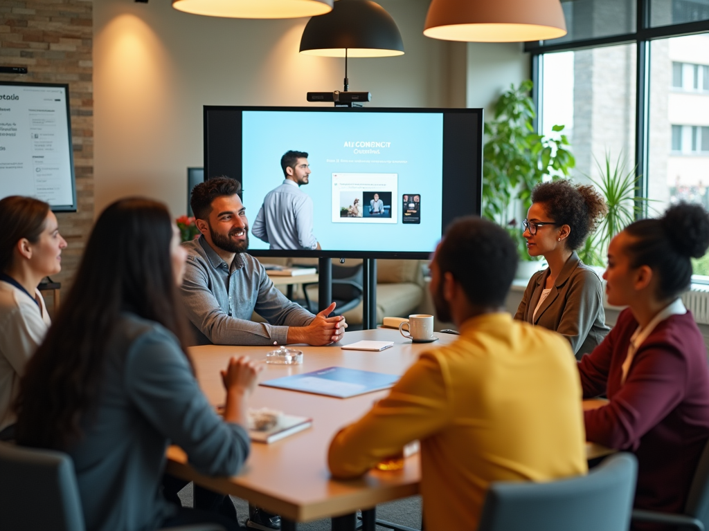 Diverse team in meeting room discussing presentation shown on a screen.