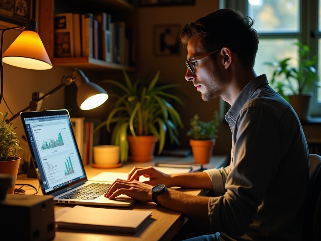 Man in glasses working on laptop at desk surrounded by lamps and plants.