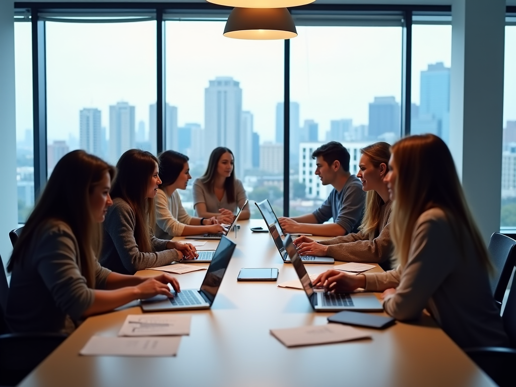 Group of people in a business meeting, sitting at a table with laptops, in a room overlooking a city.