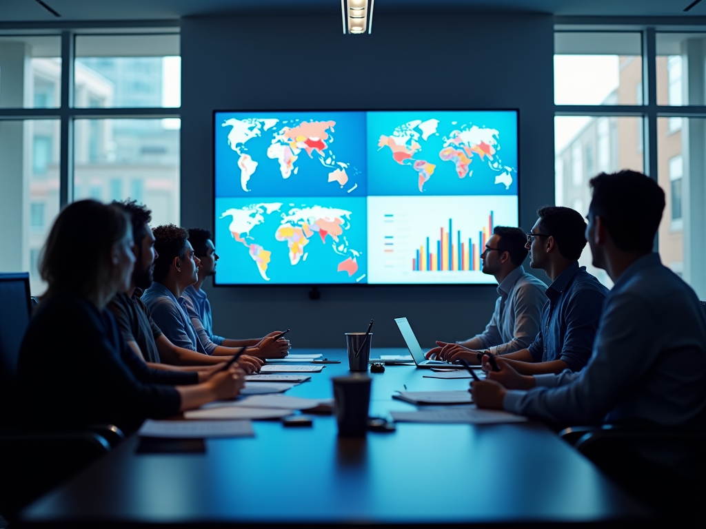 Professionals in a meeting room viewing global data on screens.