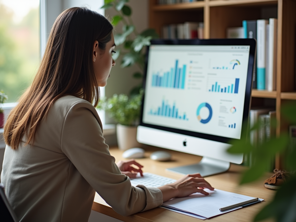 Woman analyzing financial charts on computer in a bright office setting.