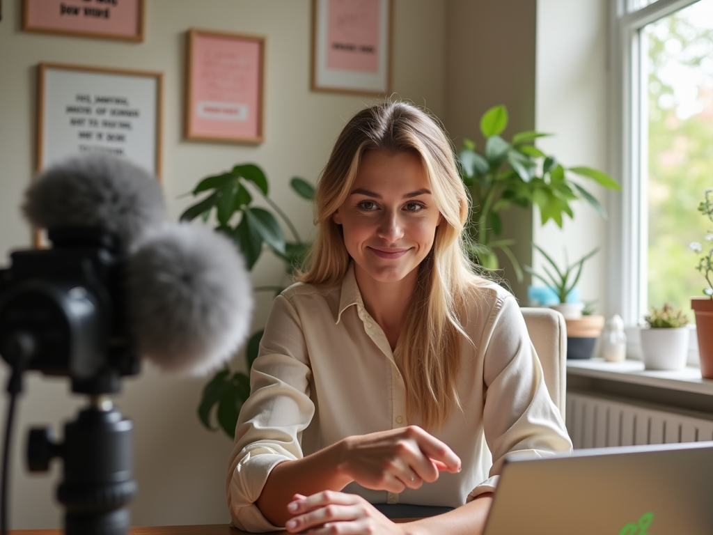 Blonde woman recording a video at her desk, with camera and microphone in foreground.