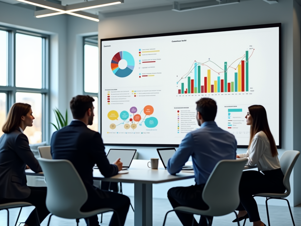 Four professionals analyzing graphs and charts on a large screen in a modern office setting.