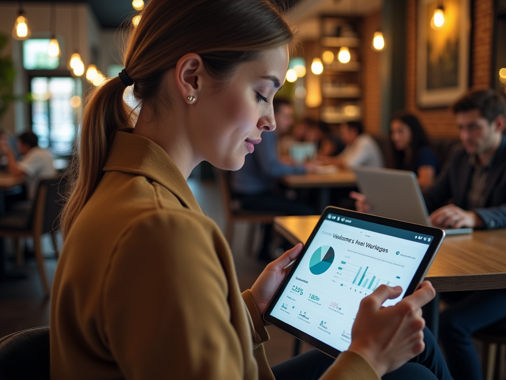 Woman in a cafe examining financial data on a tablet screen.