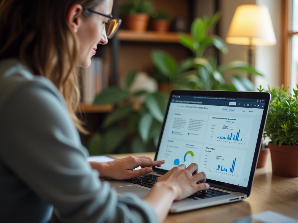 Woman analyzing data charts on a laptop in a cozy home office.