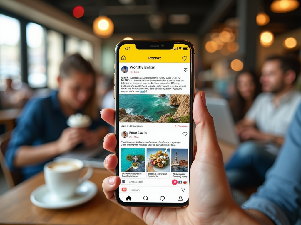 Close-up of a hand holding a smartphone displaying travel images, with blurred people in background at a cafe.