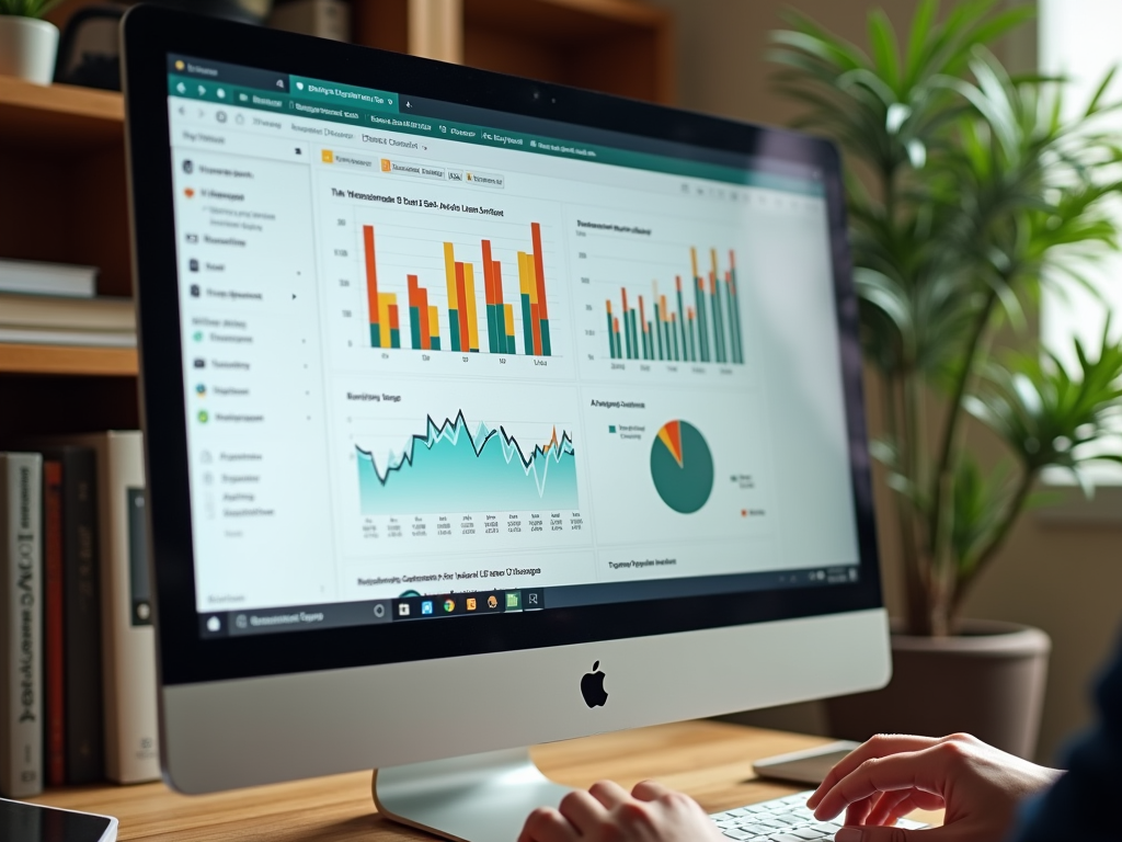 Person analyzing graphs and charts on a computer screen in an office setting.