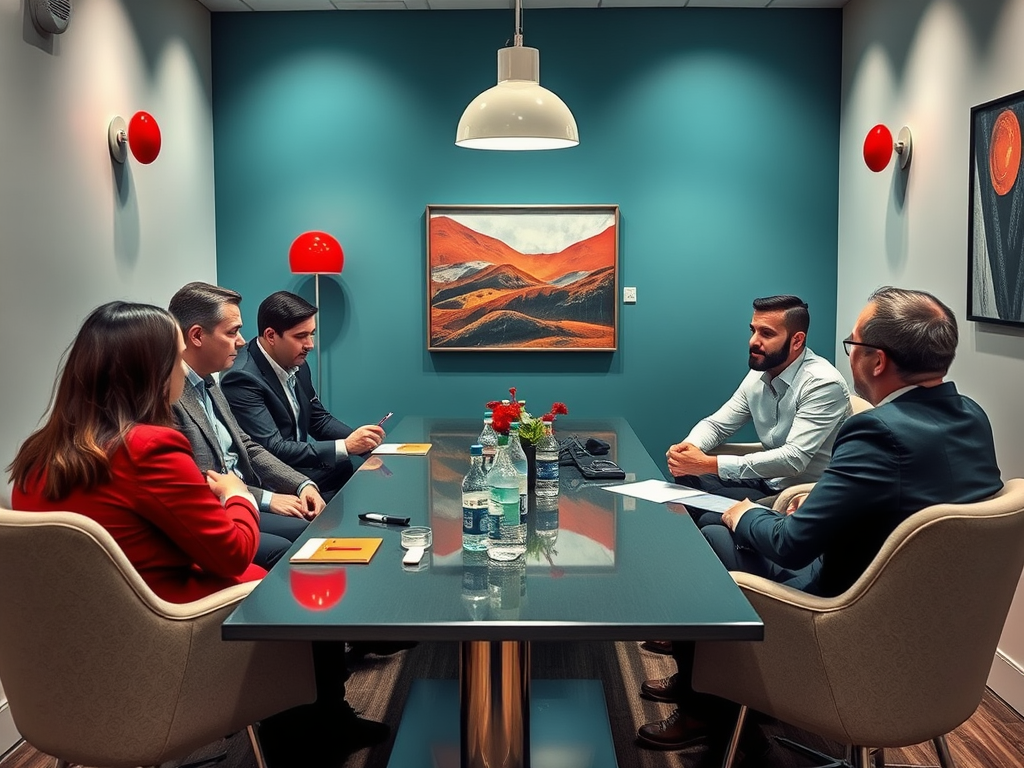 A group of five professionals meets around a table in a modern conference room, discussing important matters.