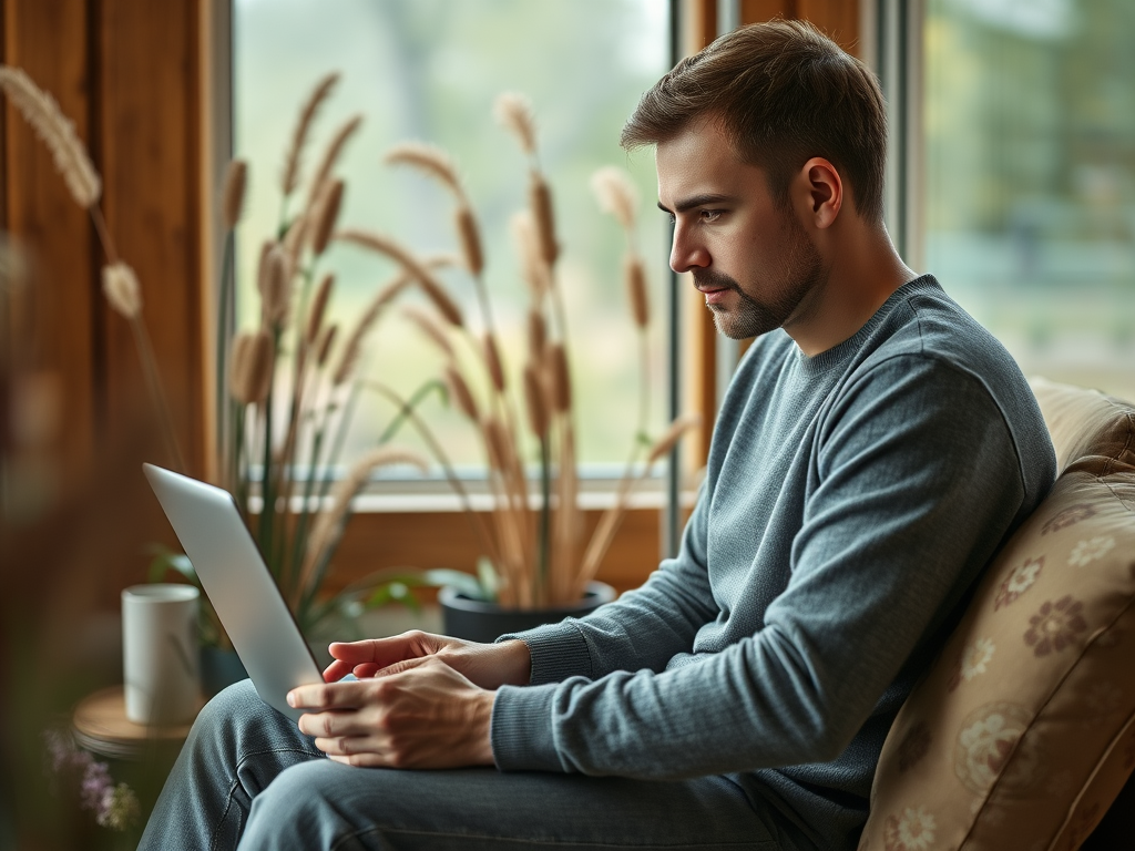 A man sits on a couch, focused on his laptop, with plants and a scenic window in the background.