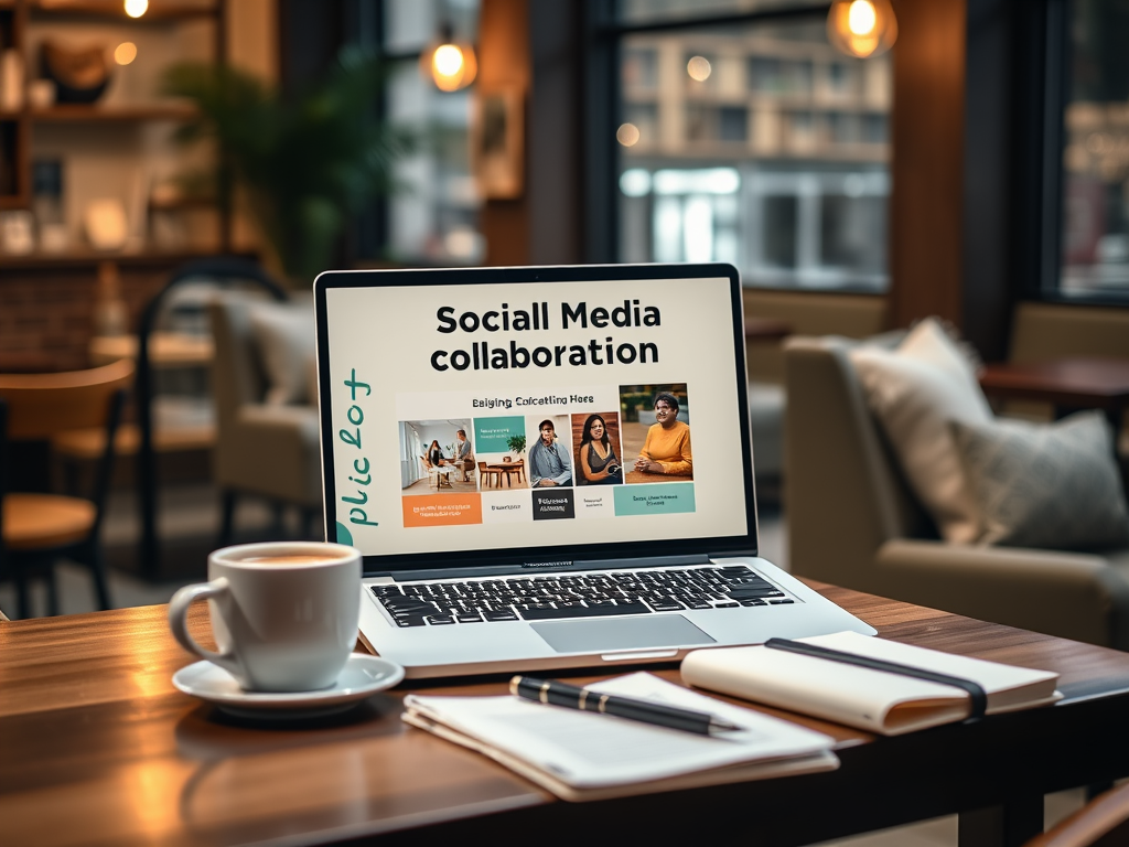 A laptop displays "Social Media Collaboration" with coffee and a notebook on a wooden table in a cozy café setting.