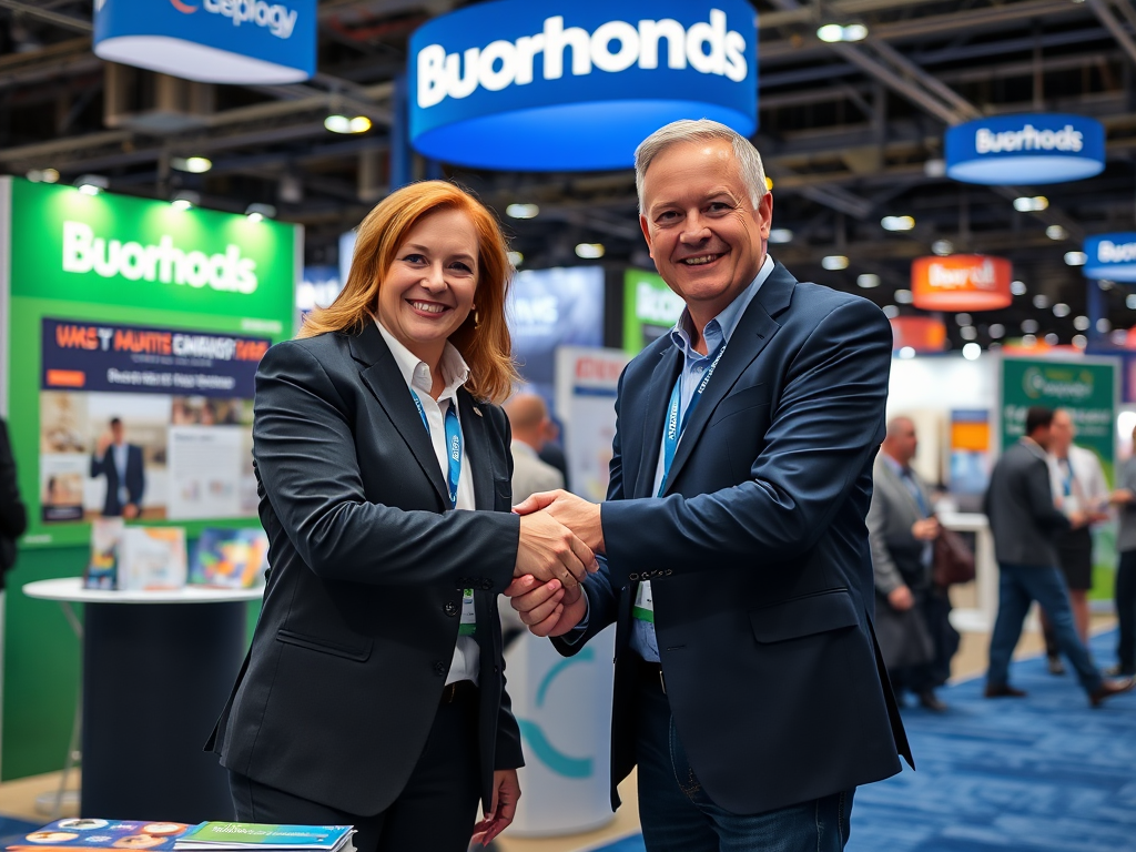 Two professionals shake hands in a business setting, smiling amidst a backdrop of company banners and booths.
