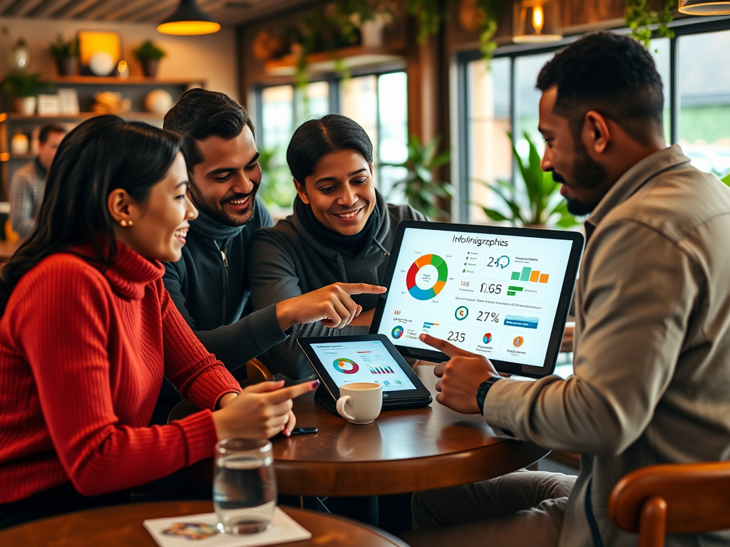 A group of four friends discusses infographics on digital devices in a cozy café setting.