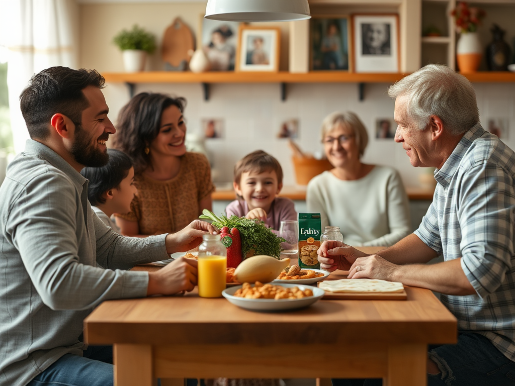 A joyful family gathers around a table filled with food, sharing smiles and conversation in a cozy kitchen setting.