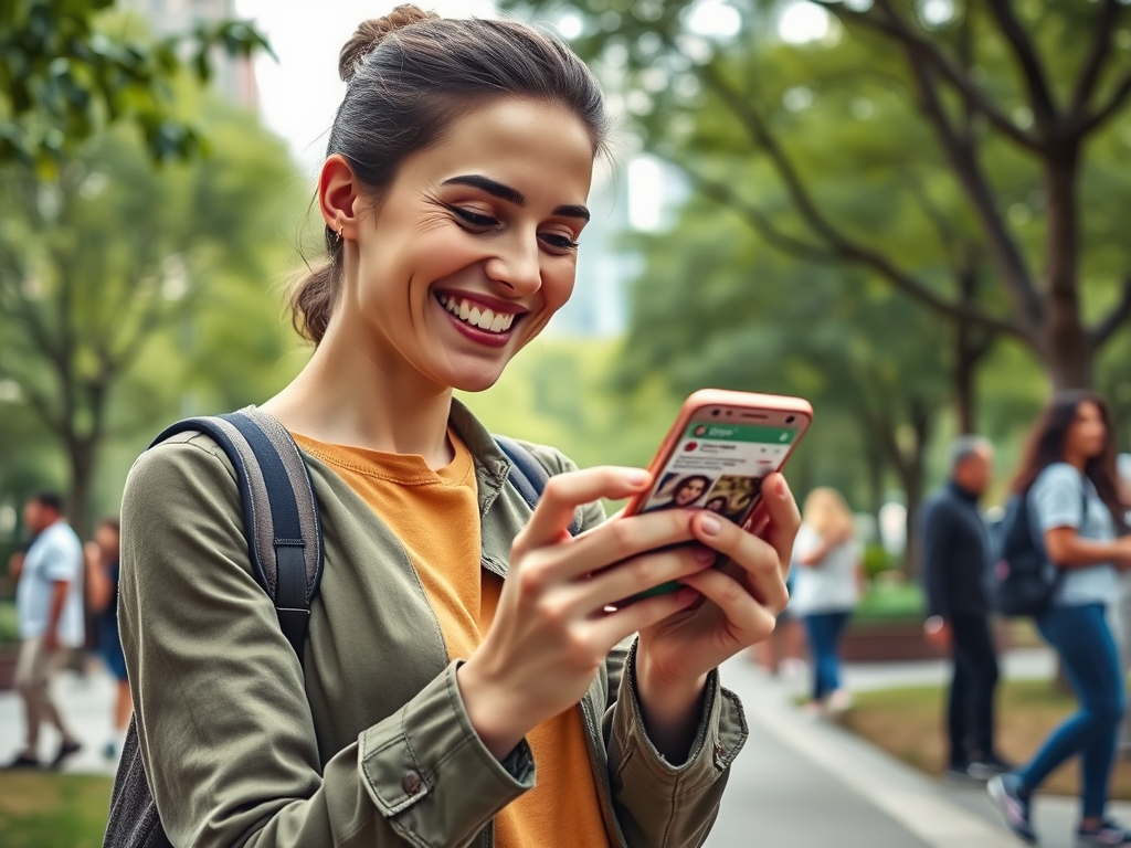 A young woman smiles while using her smartphone in a busy park, surrounded by trees and people.