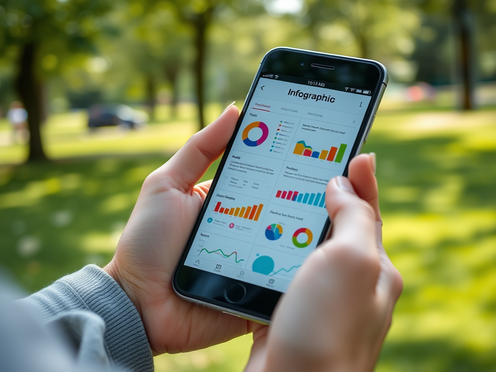 A person holds a smartphone displaying colorful infographics and data charts in a park setting.