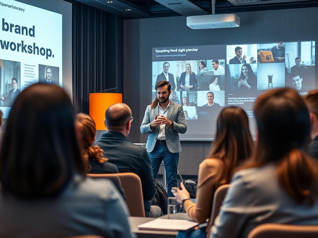 A speaker presents a brand workshop to an engaged audience in a modern conference room.