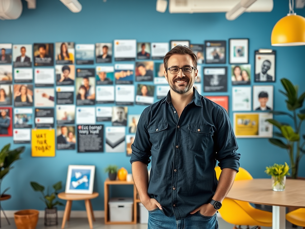 A smiling man in a dark shirt stands in an office with a blue wall filled with framed photos and notes.