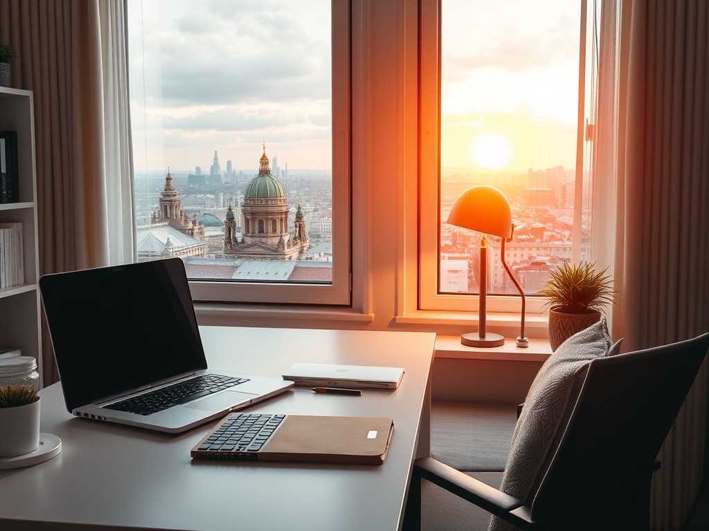 A modern workspace with a laptop and sunlight streaming through a window, showcasing a city skyline and sunset.