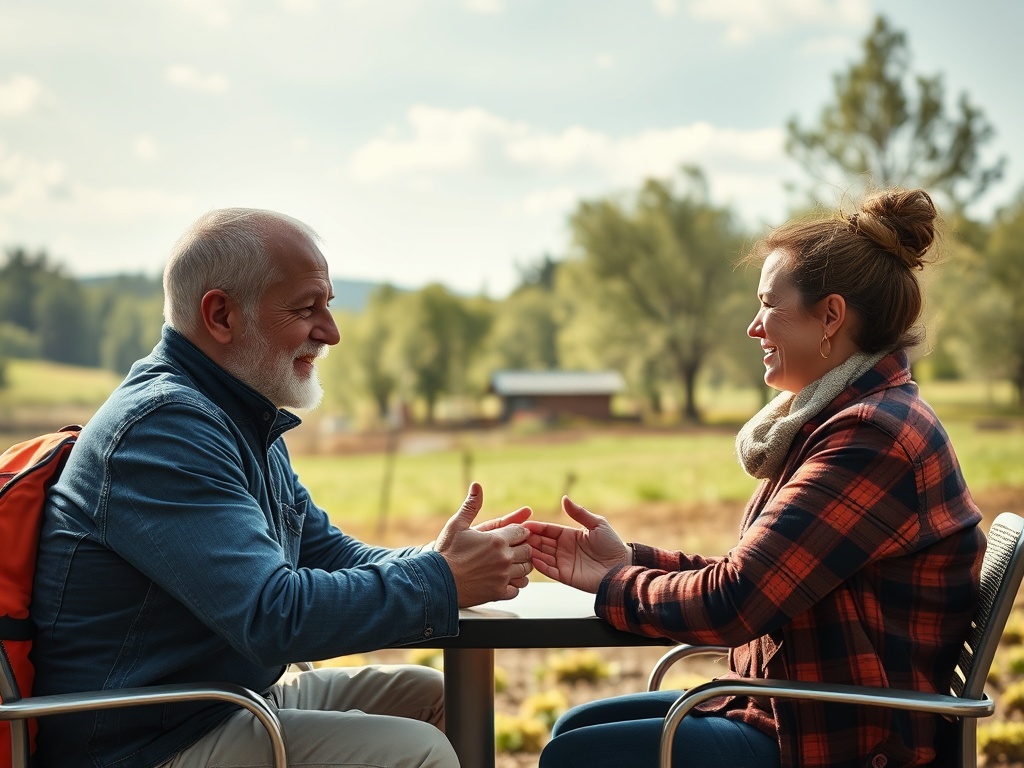An older man and a young woman smile while engaging in conversation at an outdoor table with greenery in the background.
