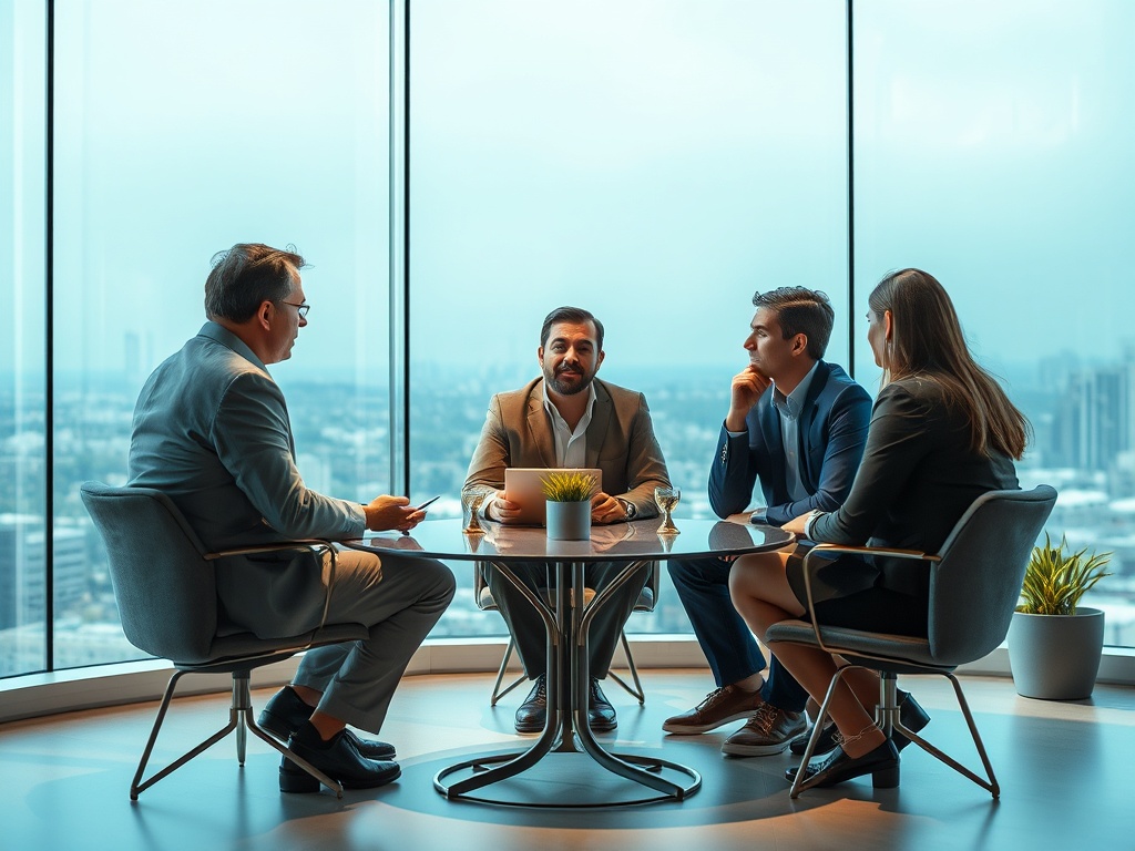 A group of four professionals engaged in discussion around a round table, with a city view in the background.