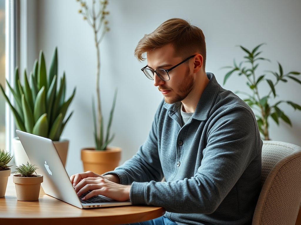 A young man in glasses types on a laptop at a wooden table, surrounded by potted plants and natural light.