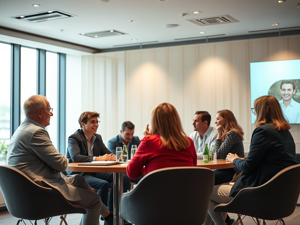 A diverse group of professionals engaged in a meeting around a table, with a presentation in the background.