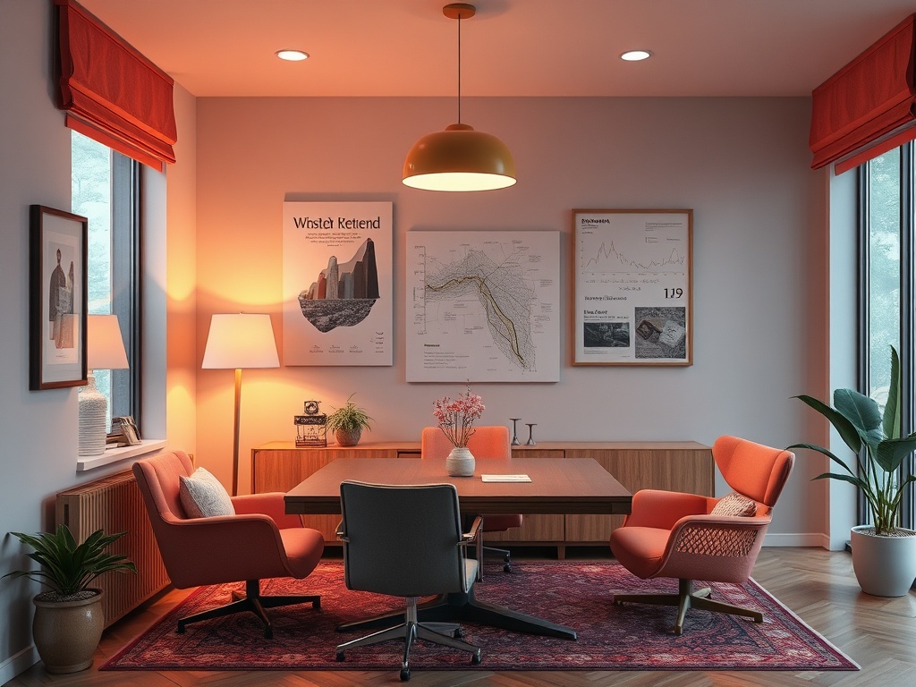 A modern office featuring a desk, orange chairs, plants, and framed maps on the walls, illuminated warmly.
