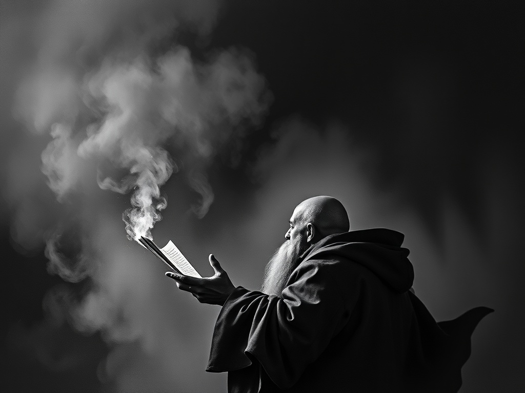 A hooded figure holding a book from which smoke rises, set against a dark background in black and white.