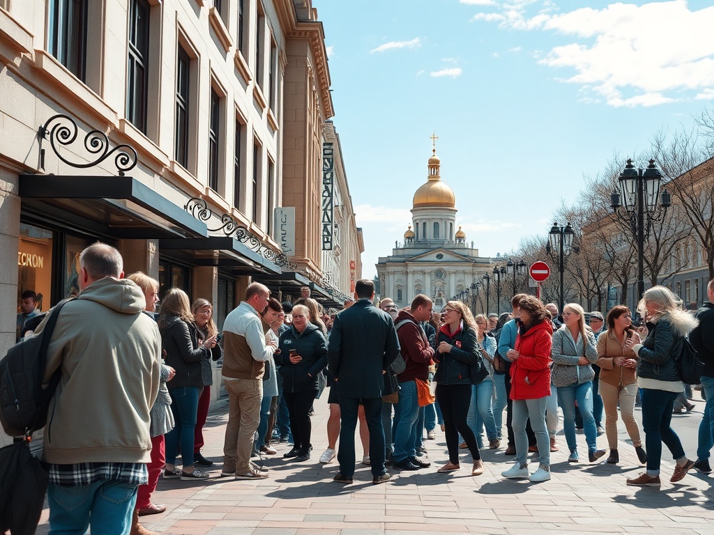 A crowd of people gathers on a city street near buildings, with a dome-topped structure visible in the background.