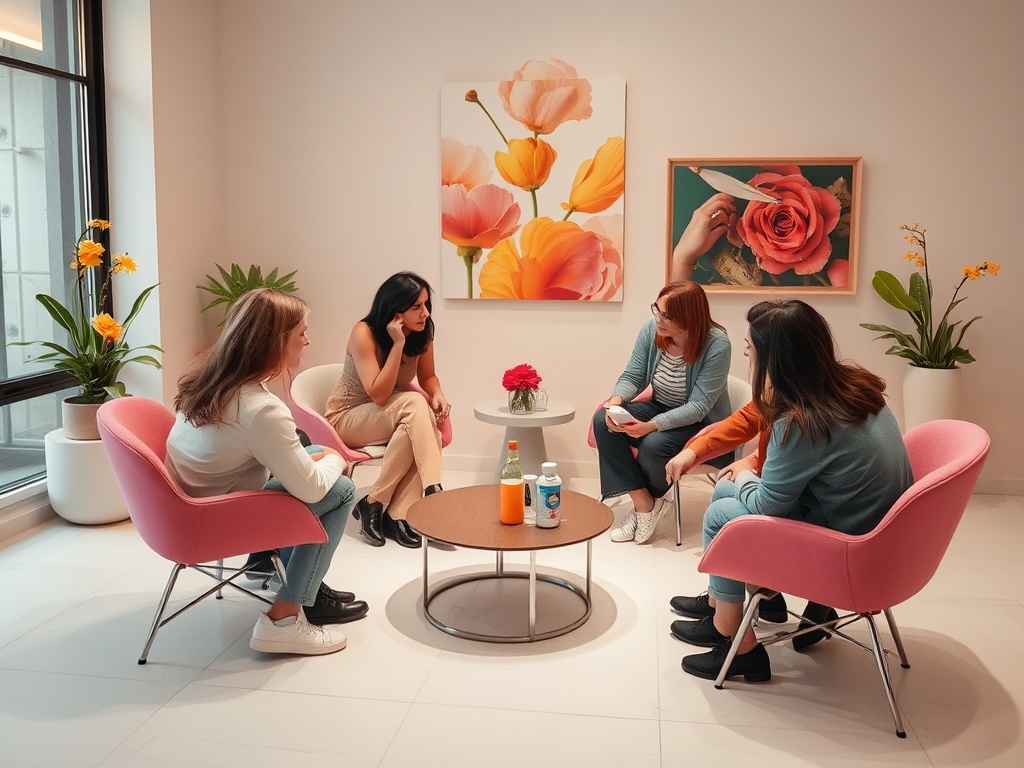 A group of women sitting in a bright room, engaged in conversation around a coffee table with drinks.