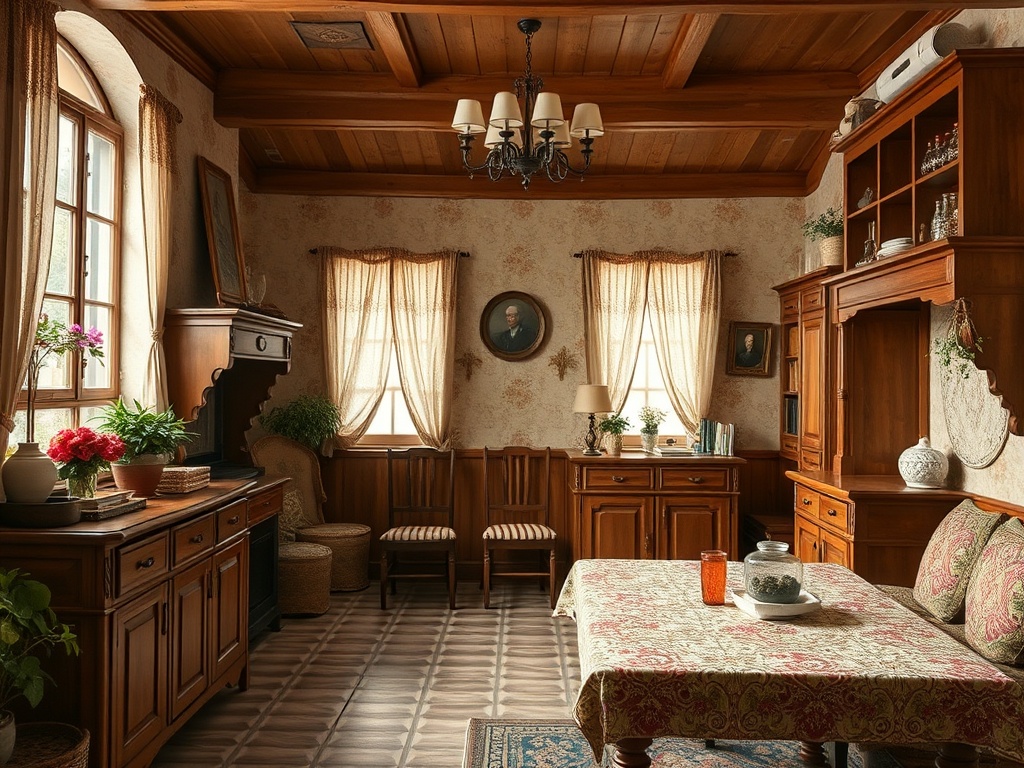 A cozy room with wooden furniture, floral decorations, and large windows, illuminated by soft natural light.
